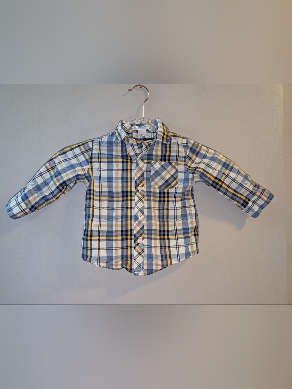 ⛵ Janie and Jack Little Lighthouse Blue White Plaid Button Up Shirt 12-18 Months